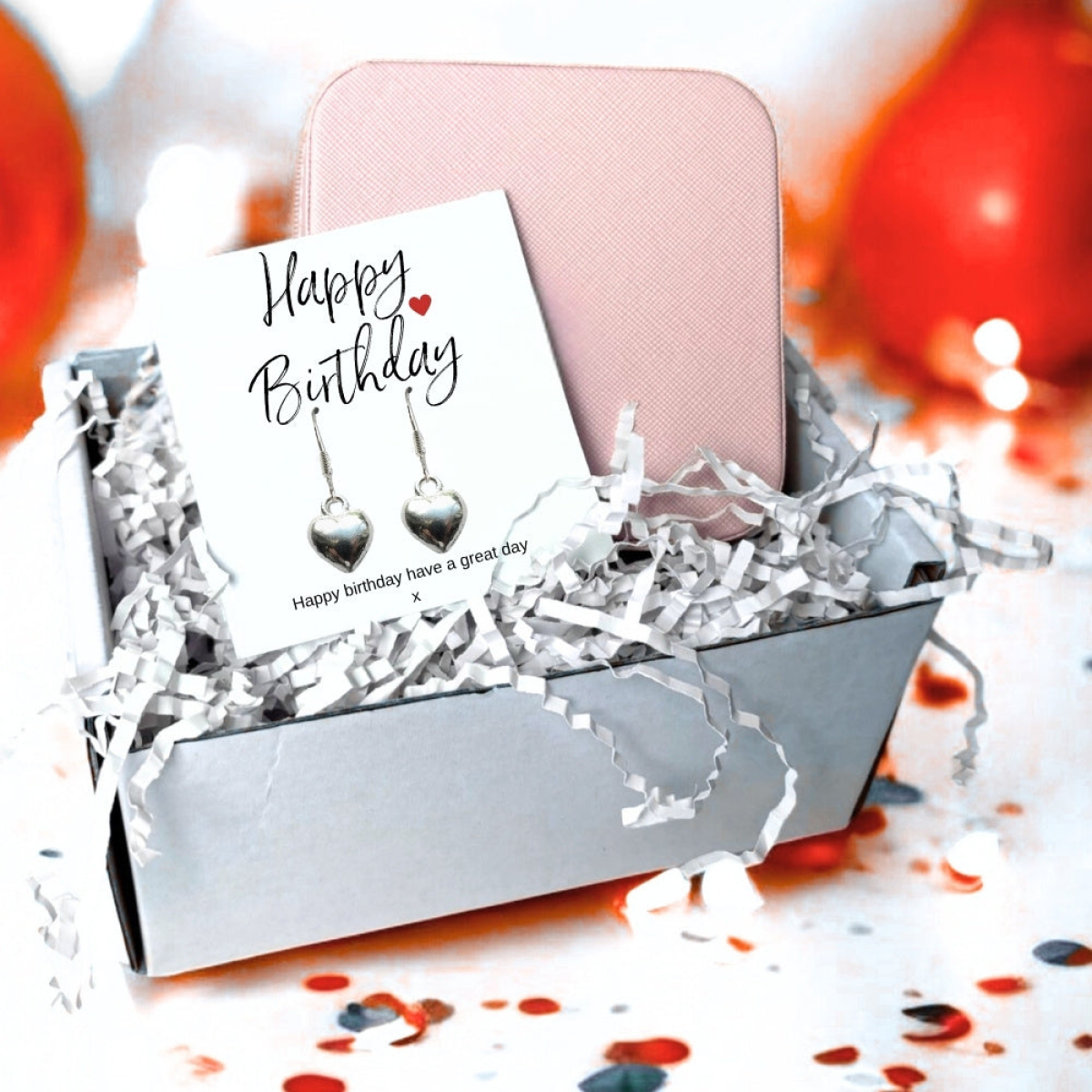 Aye Do Gifts Happy Birthday Silver Heart Earrings and Pink Jewellery Box Gift Set – Gift for Mum or Friend