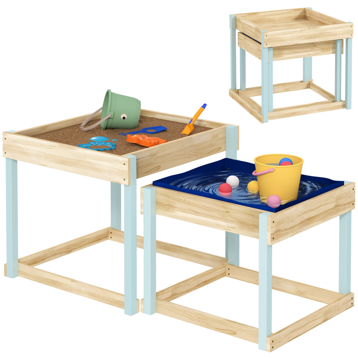 AIYAPLAY 2-Piece Wooden Sandpit and Water Play Table Set with Bottom Liner – Kids Outdoor Play, Natural Wood