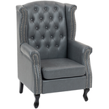 HOMCOM Chesterfield-Style Wingback Armchair with Tufted Faux Leather Upholstery & Eucalyptus Wood Frame – Grey