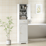 Tall Bathroom Cabinet with Arched Doors, Drawer & Adjustable Shelf – Slim Freestanding Storage Unit, White