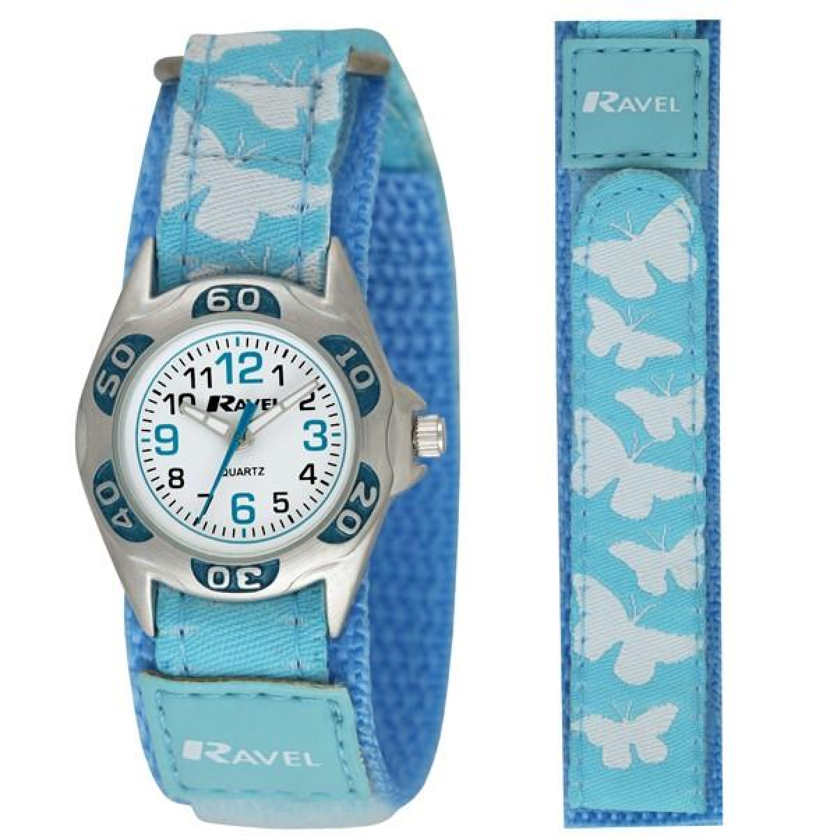 Ravel Children's Velcro Watch R1507.52 – Butterfly Dial, Satin Brushed Silver Sports Case, Blue