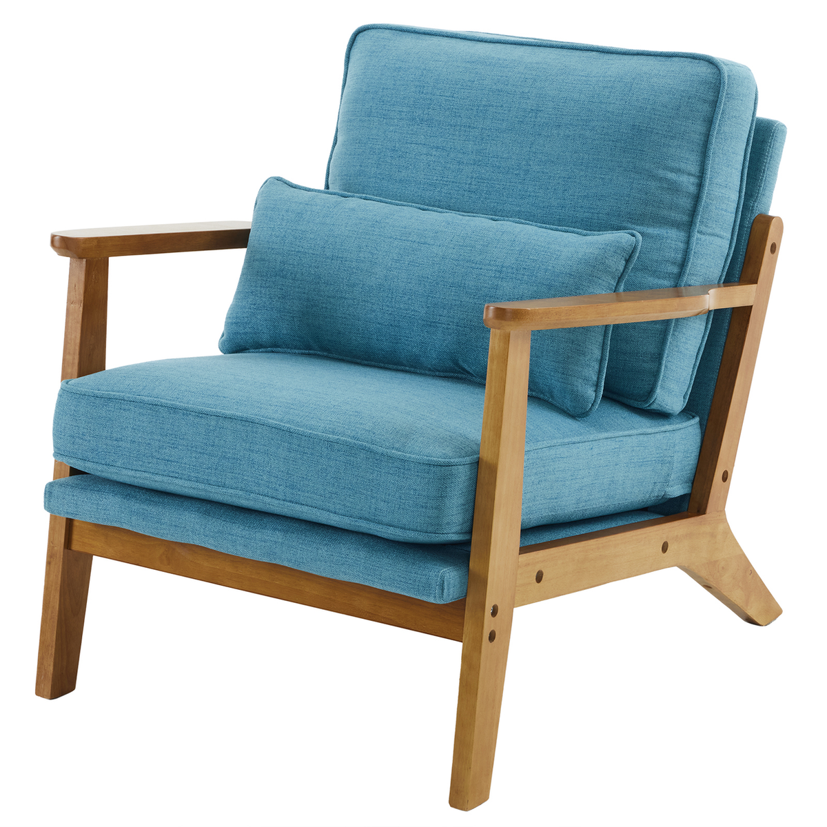 Mid-Century Oak Accent Chair with Navy Blue Linen-Cotton Upholstery and Lumbar Pillow – Indoor Armchair