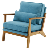 Mid-Century Oak Accent Chair with Navy Blue Linen-Cotton Upholstery and Lumbar Pillow – Indoor Armchair
