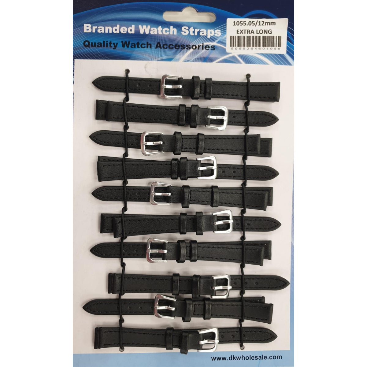 Leather Black Extra Long Watch Straps, Pack of 10 – 12mm Width, Item 1055.05