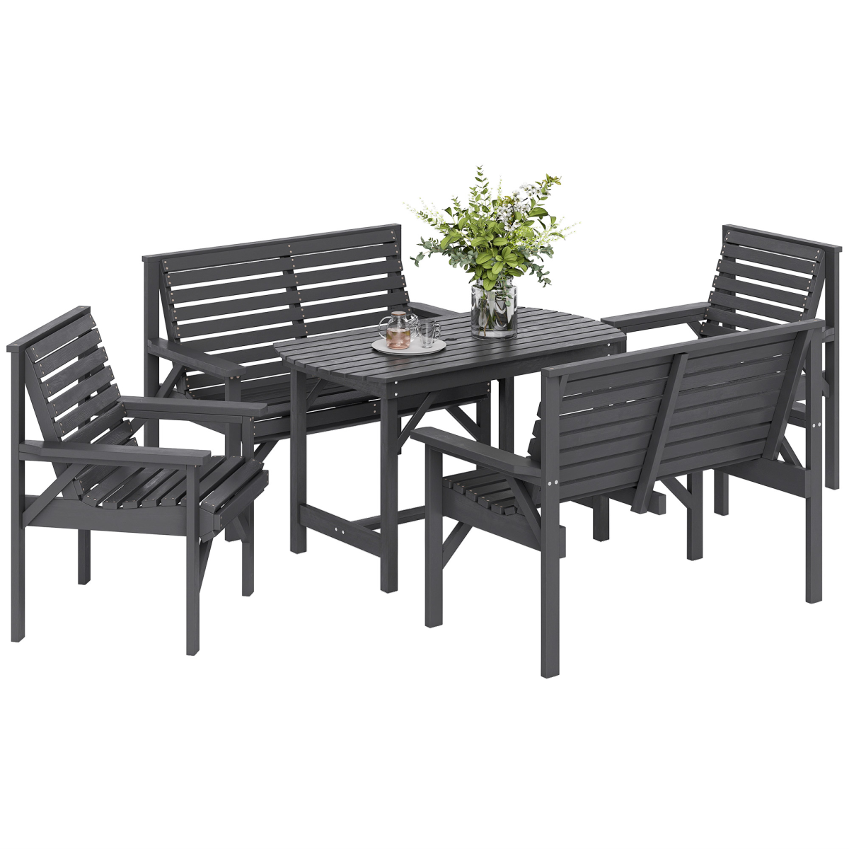 Outsunny 5-Piece Fir Wood Patio Dining Set with 60mm Umbrella Hole – Table, Chairs & Loveseats, Grey
