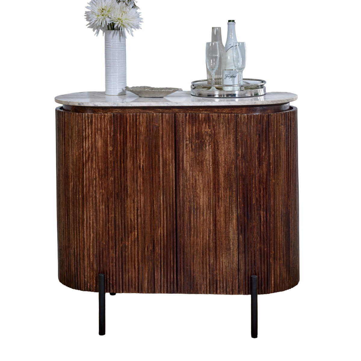 Opal Solid Wood Sideboard & Drinks Cabinet with White Marble Top – Handmade Bottle and Glassware Storage