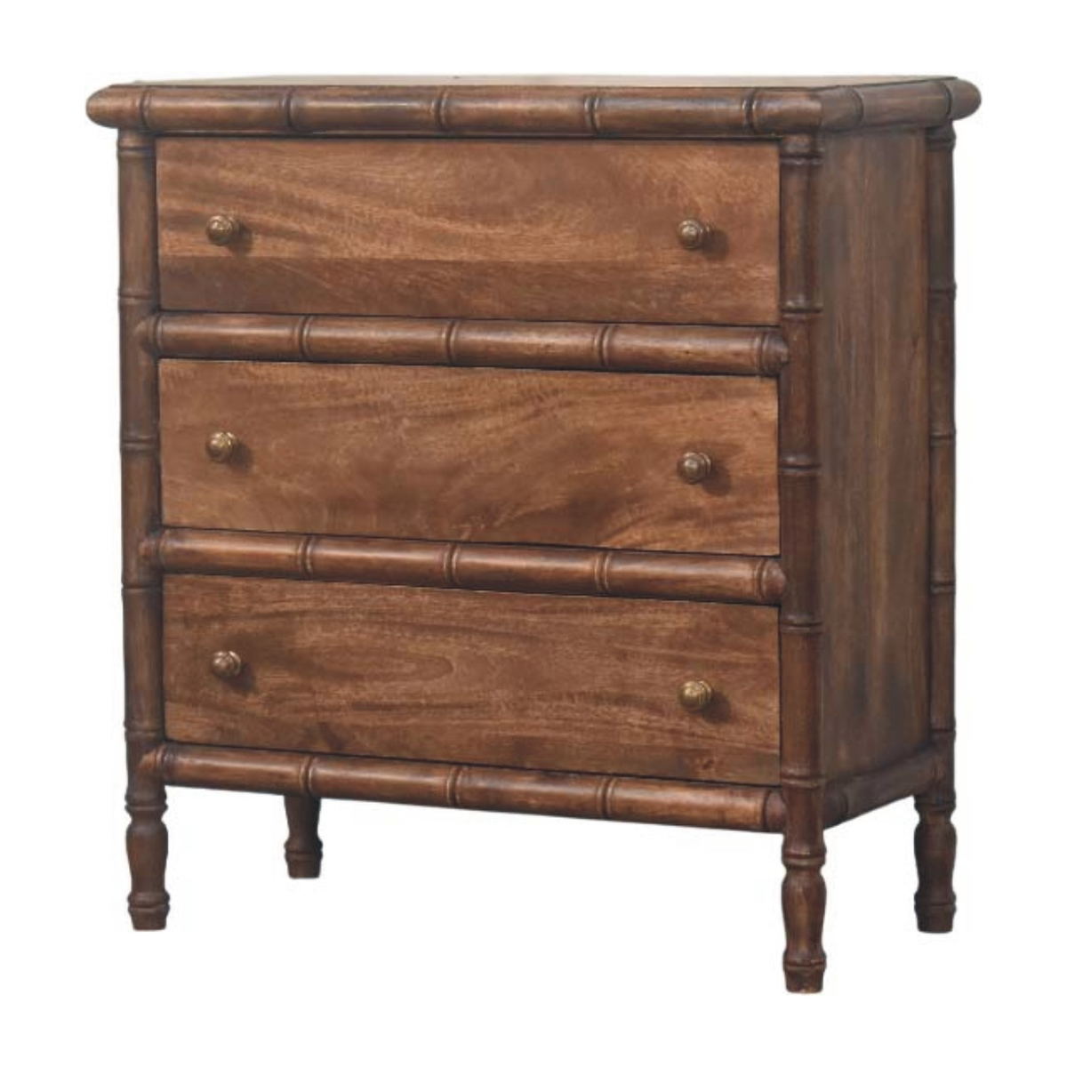 Artisan Furniture Solid Wood Bamboo Carved 3 Drawer Chest with Brass Knobs – Bedroom Storage, Brown