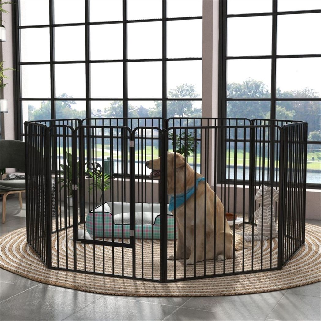 Steel Dog Crate Playpen with 8 Reshapeable Panels and 9 Ground Stakes – Indoor and Outdoor Pet Pen, Black