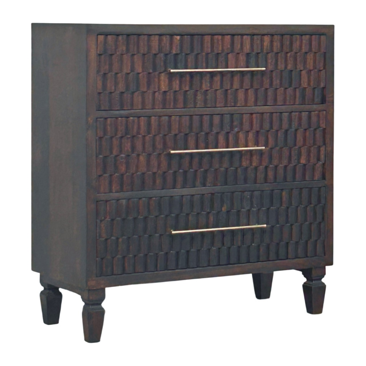 Artisan Furniture Solid Mango Wood Arno Carved Chest of 3 Drawers, Tapered Legs – Bedroom Storage, Dark Brown