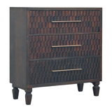 Artisan Furniture Solid Mango Wood Arno Carved Chest of 3 Drawers, Tapered Legs – Bedroom Storage, Dark Brown