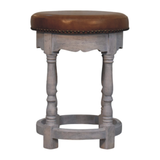 Artisan Furniture Solid Wood Rustic Charm Stool with Upholstered Leather Seat – Vanity Stool, Brown