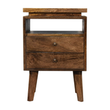 Artisan Furniture Solid Wood Platform Bedside Table with 2 Drawers and Open Slot – Nordic Legs, Brown