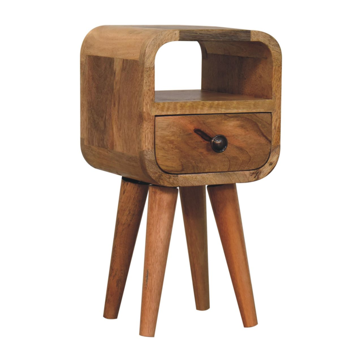 Artisan Furniture Solid Wood Extra Mini Curve Bedside Table, 1 Drawer and Open Slot – Compact Storage, Brown