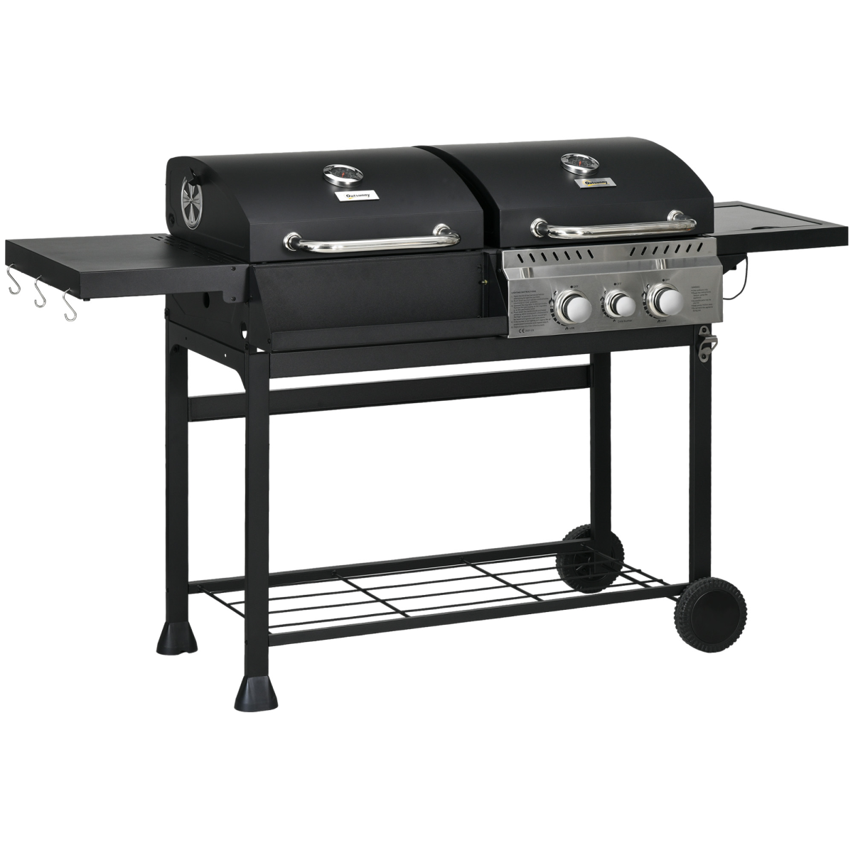 Outsunny Dual Fuel BBQ Grill with Wheels, Warming Racks and Thermometer – Gas and Charcoal Barbecue, Black