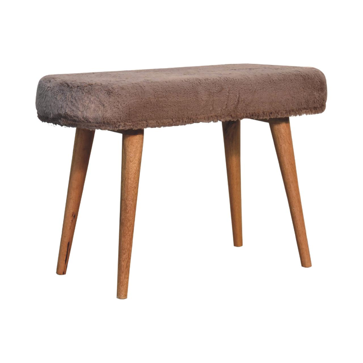 Artisan Furniture Solid Wood Mocha Faux Fur Bench – Upholstered Bedroom & Living Room Seat, Oak-ish Legs, Brown