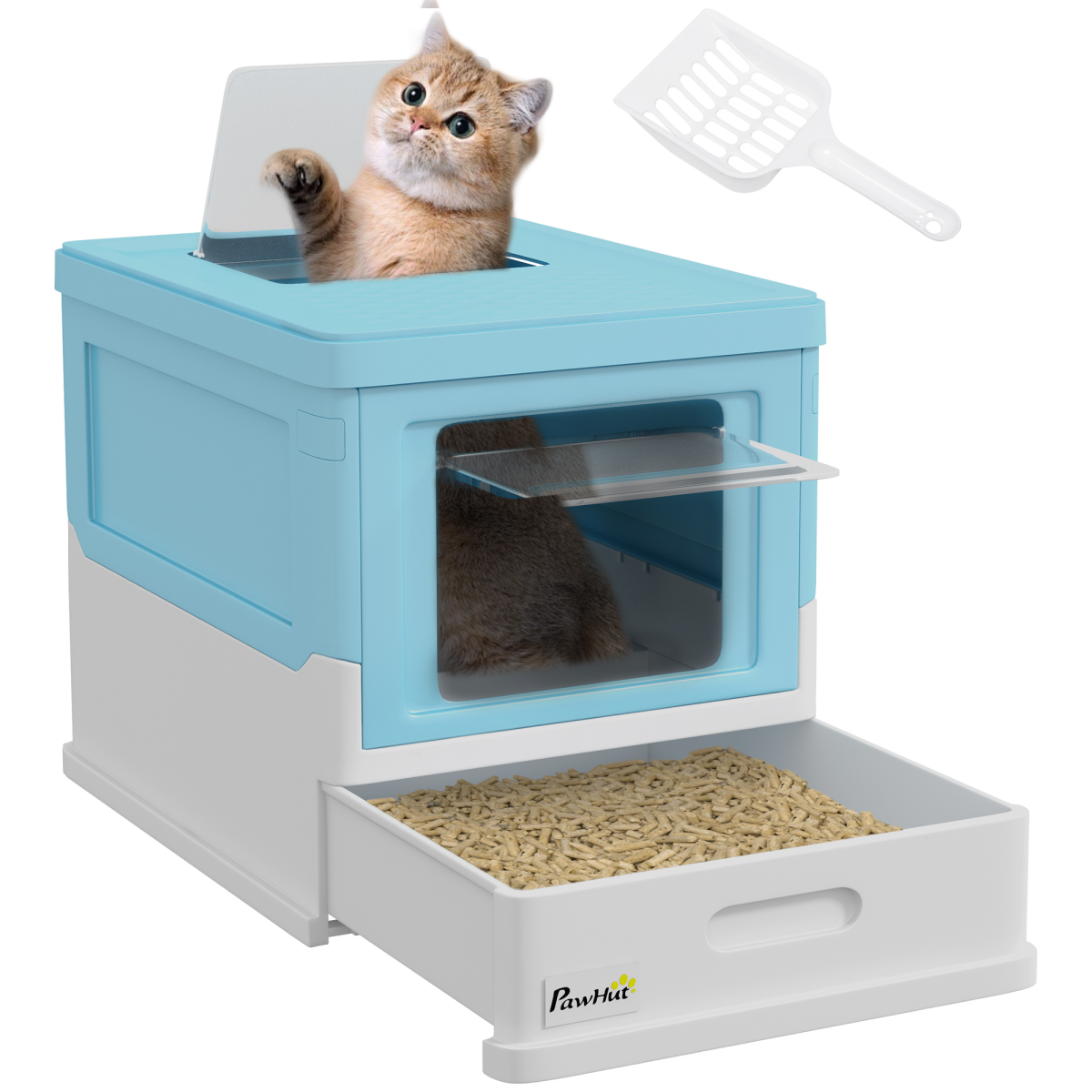 PawHut Hooded Cat Litter Box with Top Exit, Scoop & Removable Tray – Enclosed Pet Toilet, Light Blue