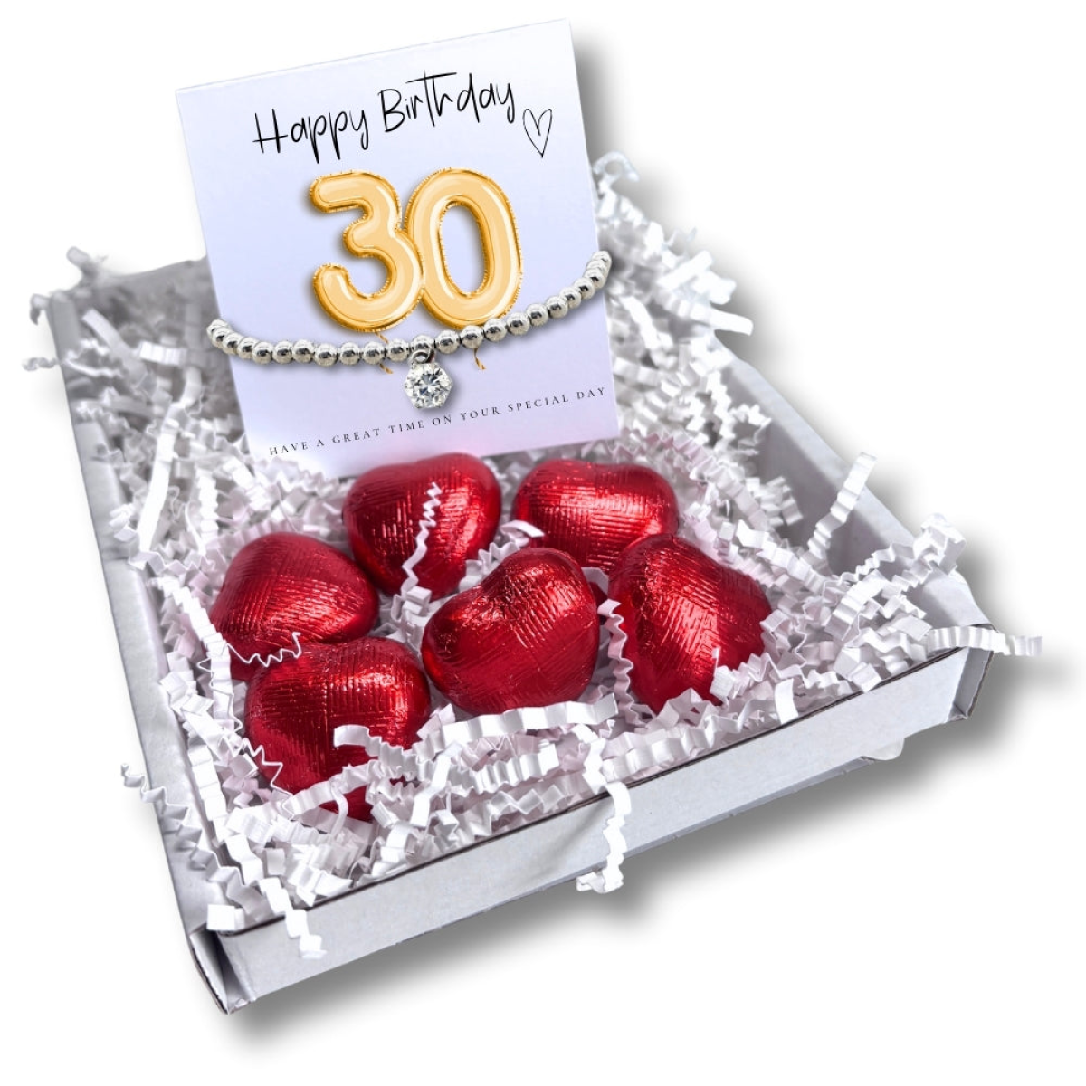 Aye Do Gifts 30th Birthday Cubic Zirconia Silver Bracelet Hamper with Gold Balloons Card & Chocolate Hearts