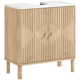 HOMCOM Under Sink Bathroom Cabinet with U-Shaped Cut-Out, Fluted Doors and Gold-Tone Handles – Oak
