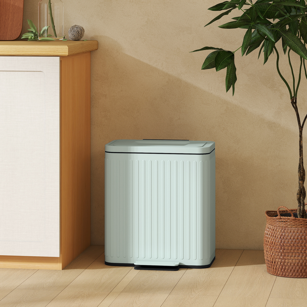 Dual Kitchen Pedal Bin with 2 x 20L Removable Buckets – Powder Coated Metal Recycling Bin, Green