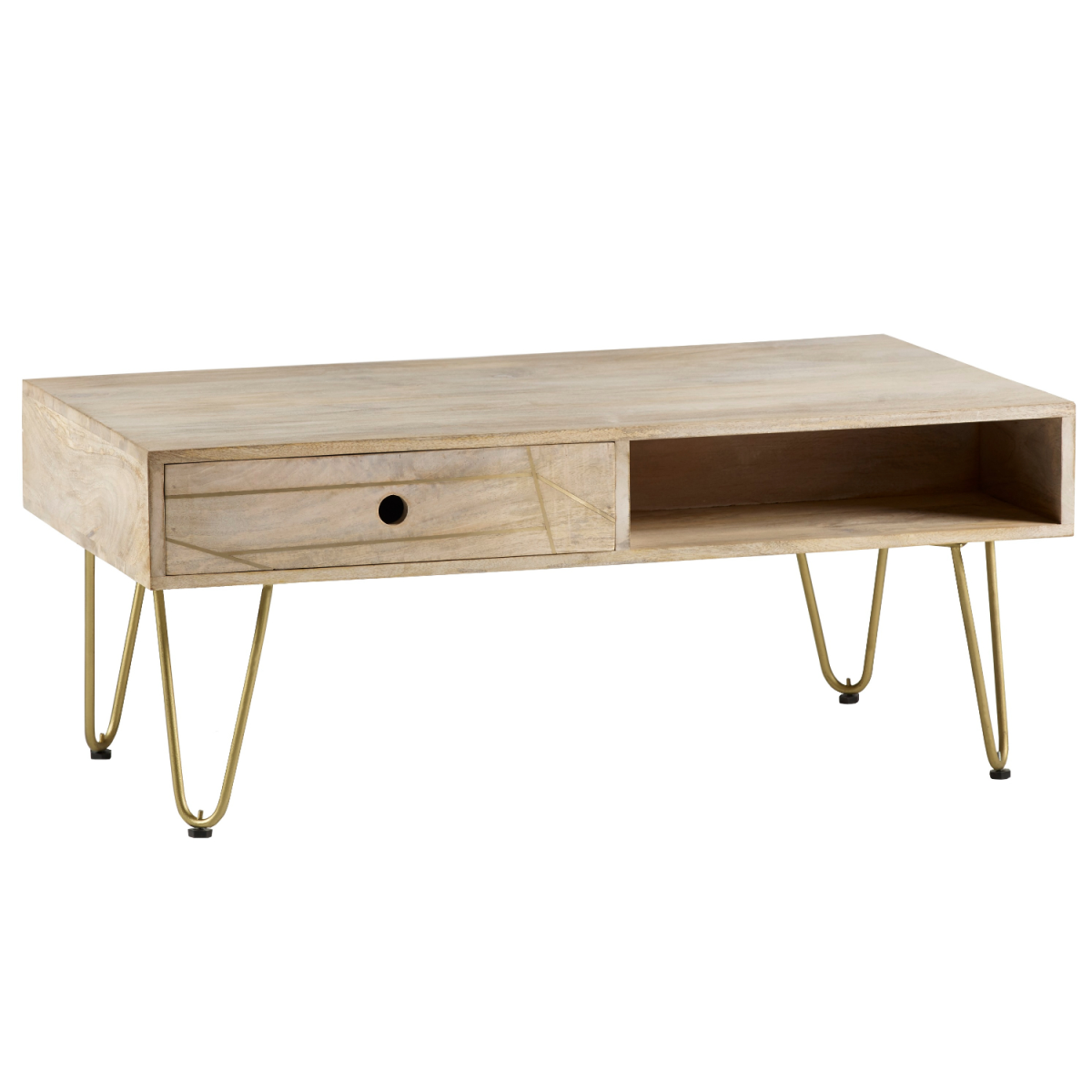 Rectangular Coffee Table with Drawer & Light Gold Metal Inlay – Solid Wood Living Room Table