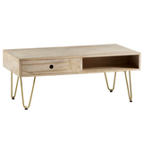 Rectangular Coffee Table with Drawer & Light Gold Metal Inlay – Solid Wood Living Room Table