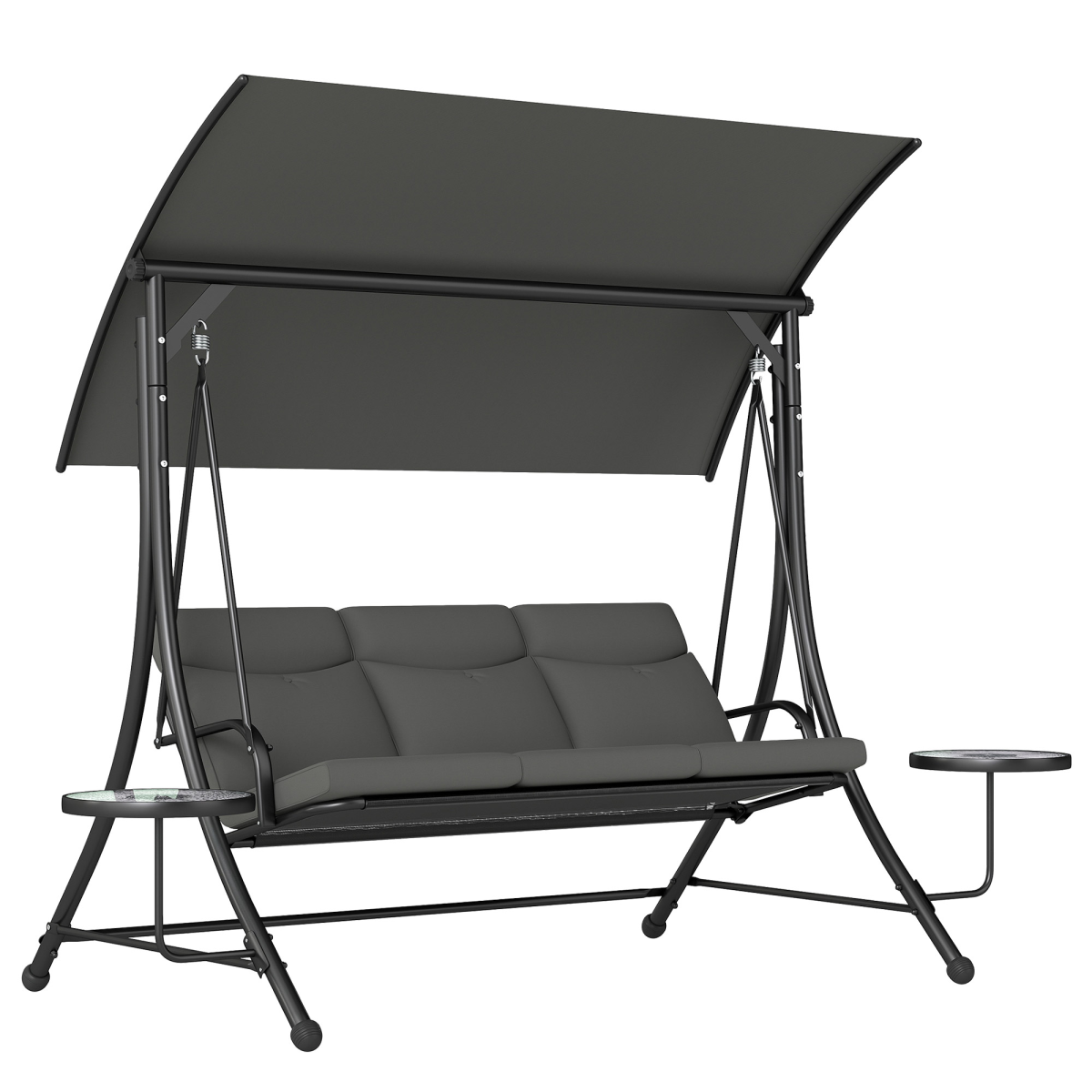Outsunny 3-Seater Garden Swing Chair with Adjustable Canopy & Glass Coffee Tables – Steel Frame, Dark Grey