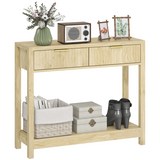 HOMCOM Narrow Console Table with 2 Fluted Drawers & Open Shelf – Slim Hallway Table, Natural