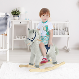 Kids Wooden Rocking Horse with Corduroy Finish, Footrest & Neighing Sounds – Traditional Ride-On, Grey