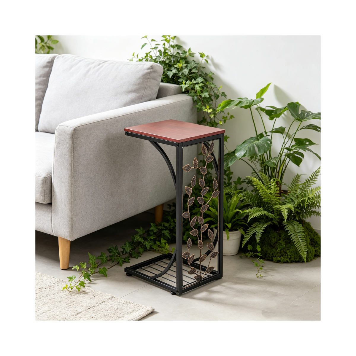Leaf Pattern Iron Side Table with MDF Top – Compact Coffee & End Table for Small Spaces, Brown & Gold