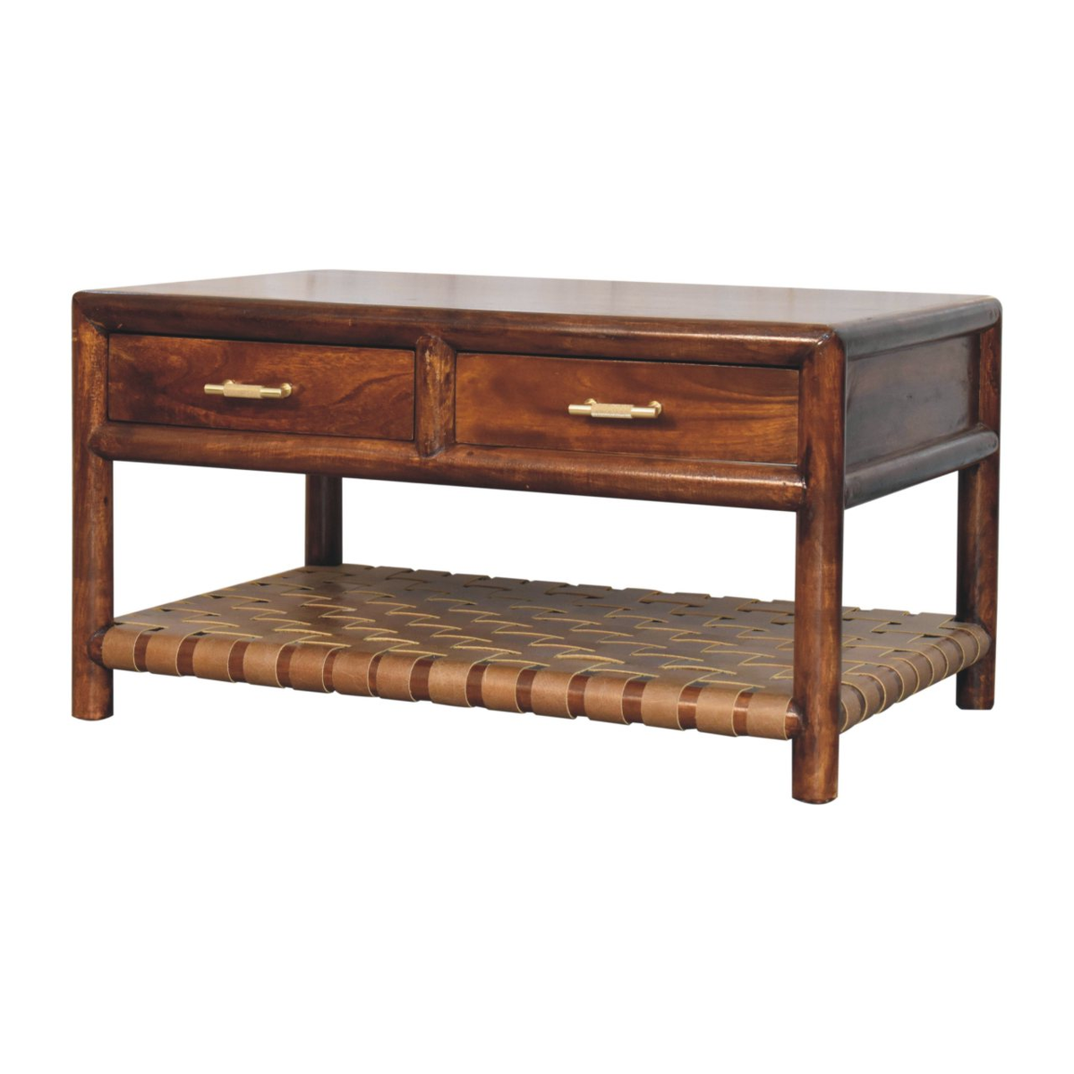 Artisan Furniture Solid Mango Wood Regency Woven Console Table with 4 Drawers – Entryway Storage, Dark Brown