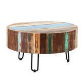 Coastal Reclaimed Wood Drum Coffee Table – Solid Round Living Room Table, Coastal Collection