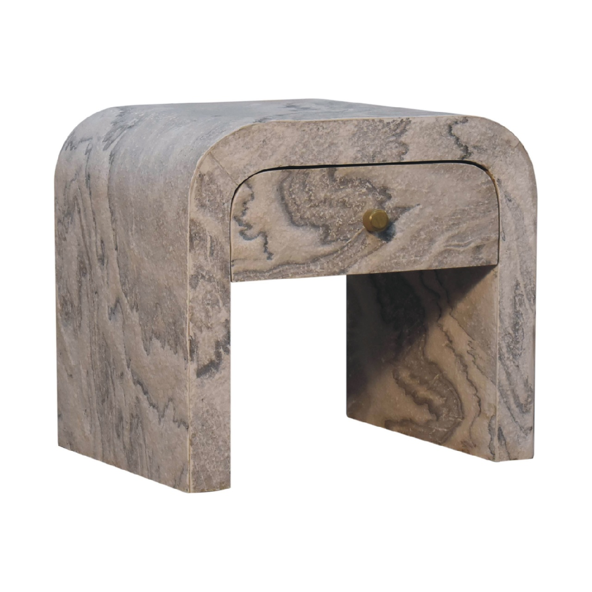 Artisan Furniture Solid Wood Nouveau Bedside Table, 1 Drawer & Brass Knob – Marble Effect, Beige