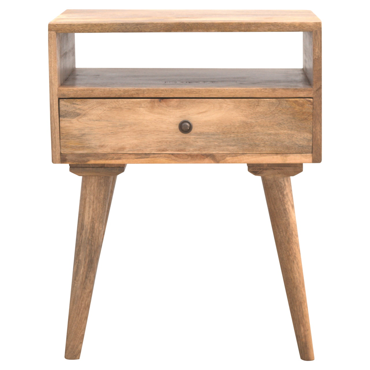 Artisan Furniture Solid Mango Wood Modern Bedside Table with 1 Drawer & Open Shelf – Oak-ish Finish, Beige