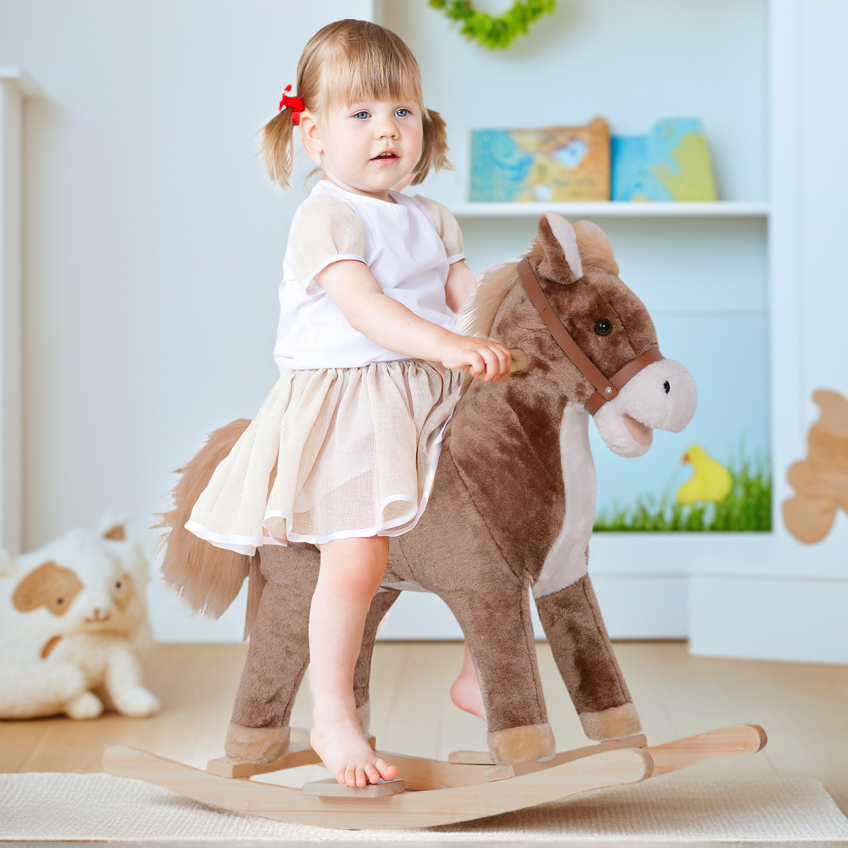 Kids Plush Rocking Horse with Padded Seat, Handles and Solid Wooden Base – Brown and White, 3 Years+