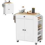 HOMCOM Kitchen Island with 3-Tier Spice Rack, Drawer, Cabinet and Towel Rack – Mobile Kitchen Cart on Wheels, White Oak