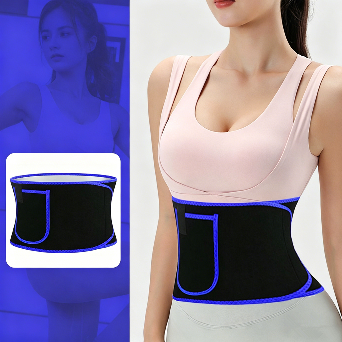 Waist Trimmer Belt with Phone Pocket – Adjustable Neoprene Workout Sweat Band, Blue & Black