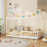 HOMCOM House-Shaped Kids Single Bed Frame with Safety Fence – Solid Pine, White