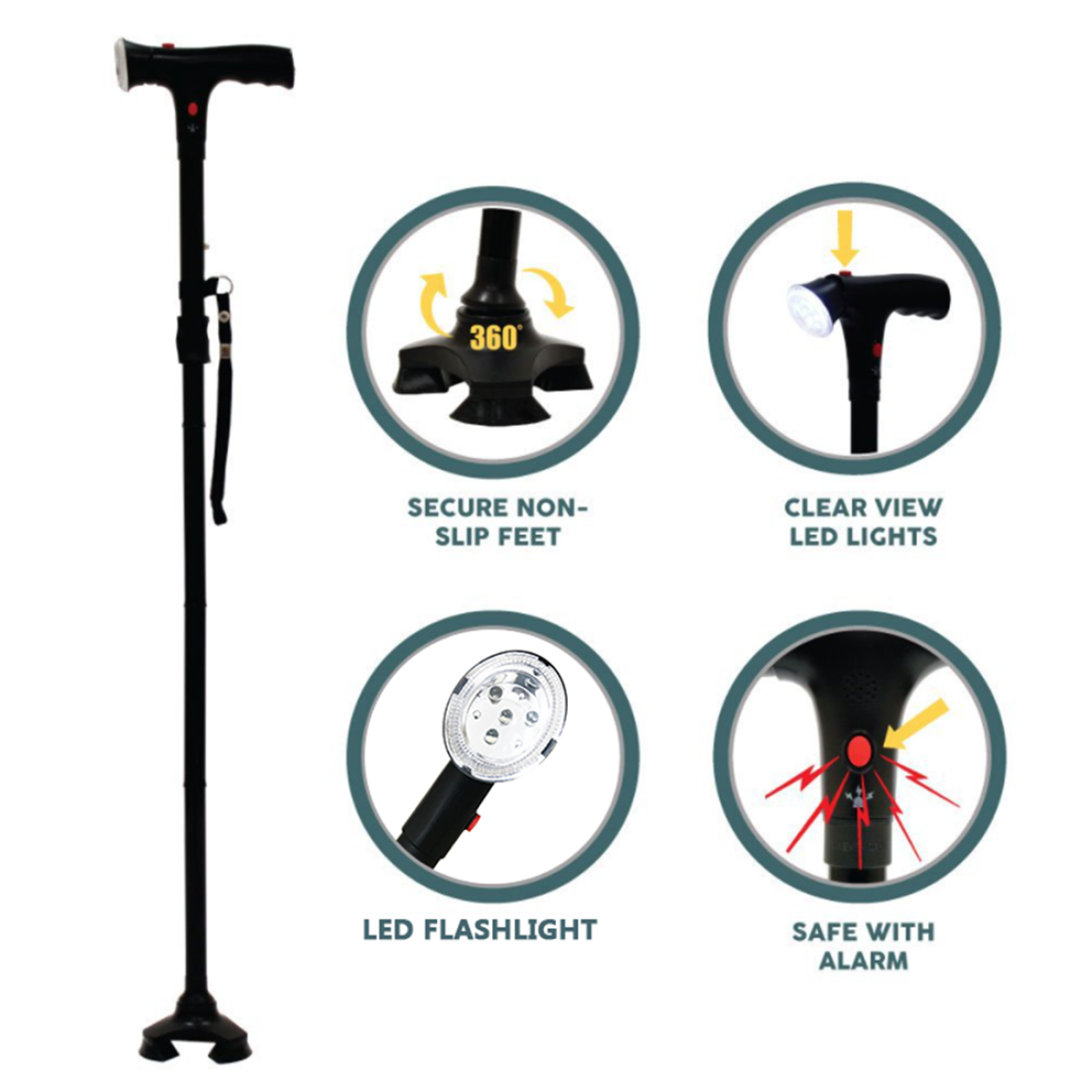 Folding Walking Stick with LED Light & Alarm, 5-Level Adjustable Height – Camping & Hiking Cane with 4-Foot Base