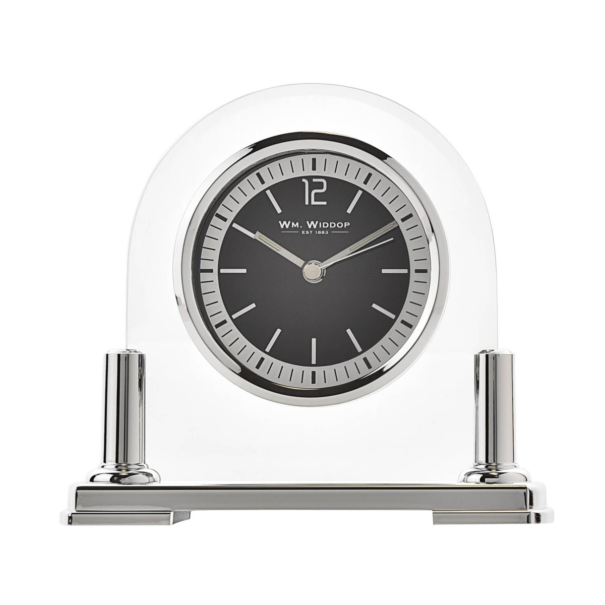 Widdop Arched Glass Mantel Clock with Silver Bezel, Baton Dial & Metal Stand – Contemporary Timepiece