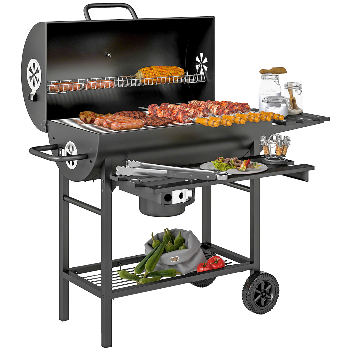 Outsunny Charcoal BBQ Grill with Warming Rack, Thermometer and Foldable Side Tables on Wheels – Garden Barbecue, Black