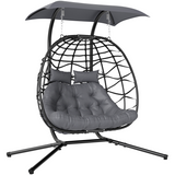 Outsunny Rattan Double Hanging Egg Chair with Canopy and Tufted Cushion – Garden Swing Seat for Two, Black