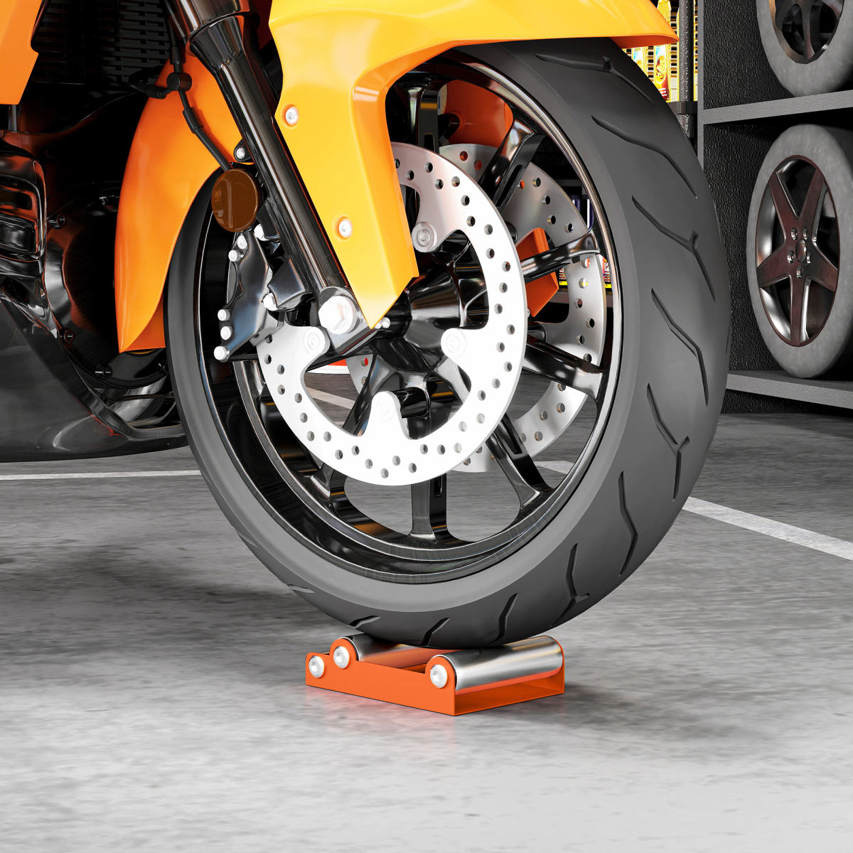 Wheel Roller Stand for Bike Wheel Cleaning and Chain Lubrication – Steel and Aluminium, 220kg Capacity, Orange