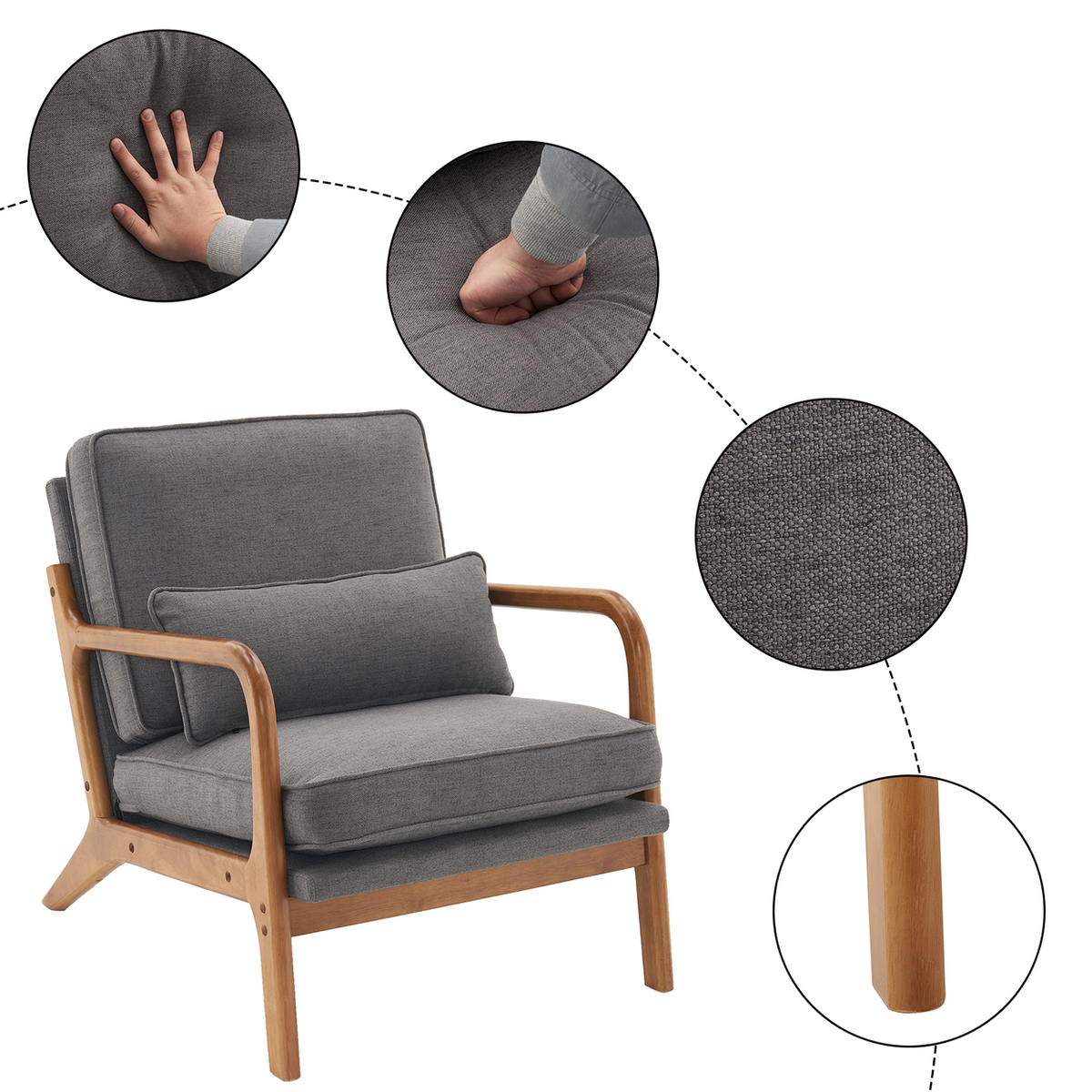 Oak Armrest Upholstered Single Lounge Chair – Comfortable Accent Armchair for Living Rooms & Bedrooms, Dark Grey