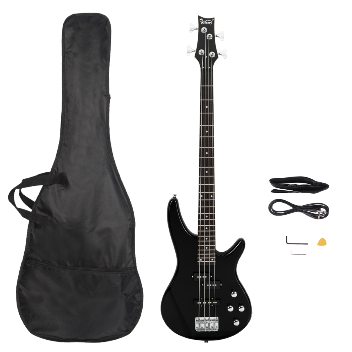 GIB Electric Bass Guitar, Full Size 4 String with Bag, Strap & Amp Cable – Black