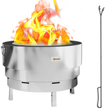 Outsunny Round Stainless Steel Fire Pit with Grill Net and Poker – Portable Garden Firepit, Silver