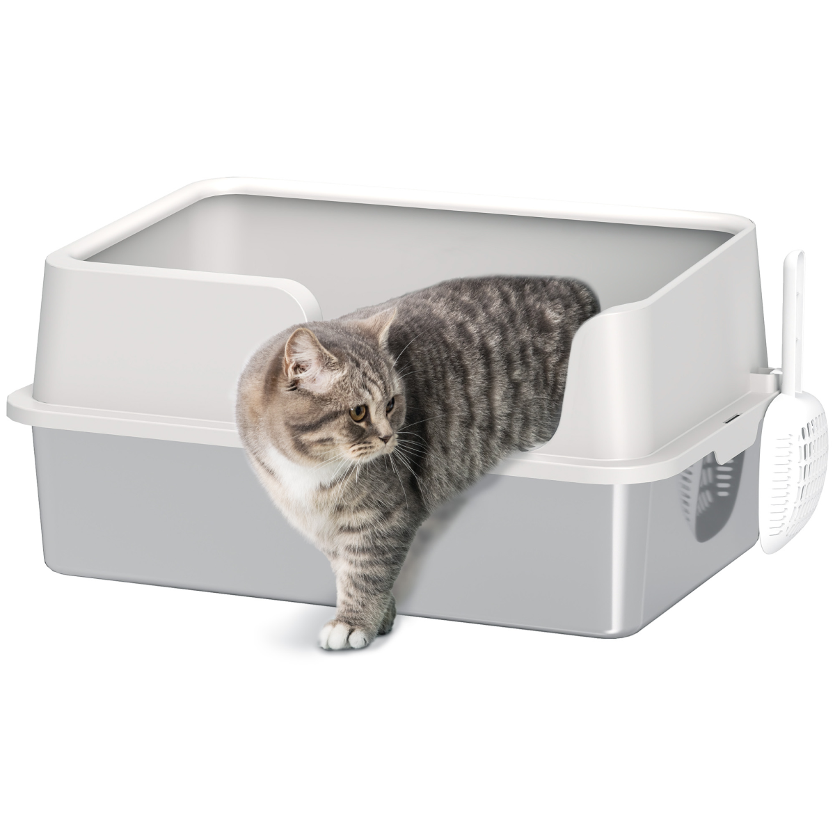 PawHut Stainless Steel Cat Litter Box with High Sides, Sand Drop Area & Scoop – Extra Large, Grey