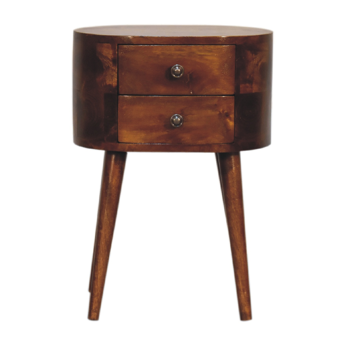Artisan Furniture Mini Rounded Bedside Table with 2 Drawers – Solid Mango Wood, Chestnut Finish, Brown