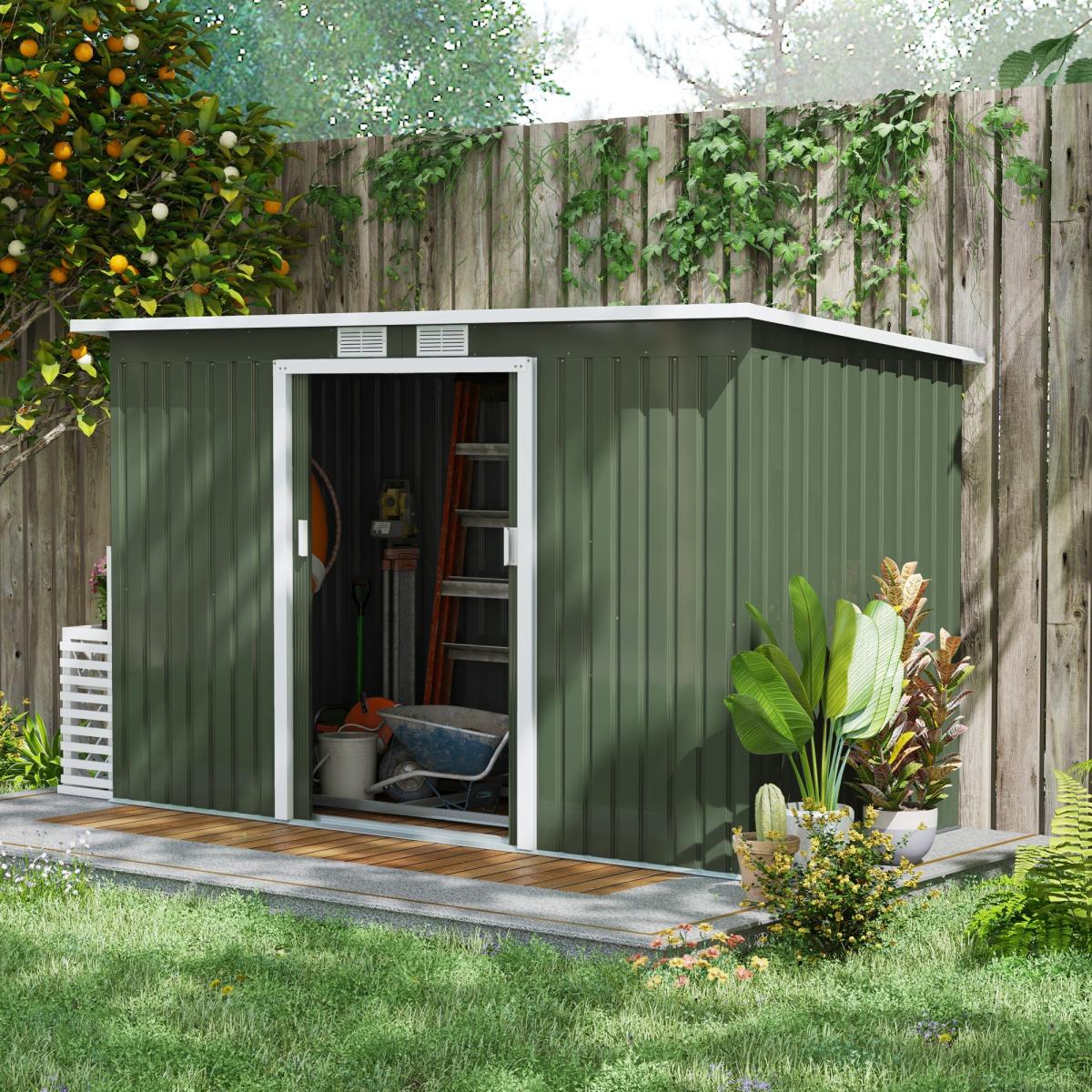 Metal Garden Shed with Sliding Lockable Double Doors, 2 Vents & Foundation Kit – 280 x 130cm, Light Green