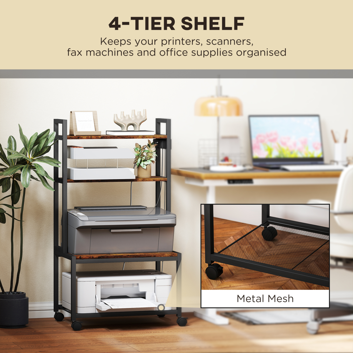 4-Tier Printer Stand with Built-In Power Outlets – Desk Organiser for Home Office