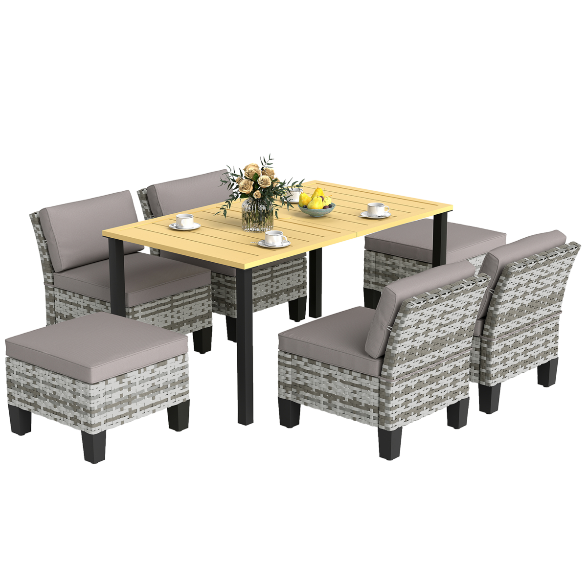 Outsunny 7 Piece Rattan Garden Dining Set with Cushions and Umbrella Hole – Outdoor Table, Chairs and Footstools, Grey
